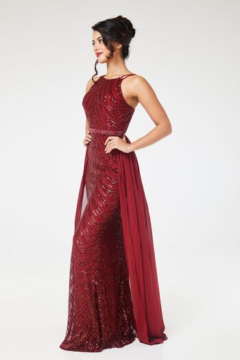 Robe longue bordeaux à sequins et dos nu avec jupe amovible 12