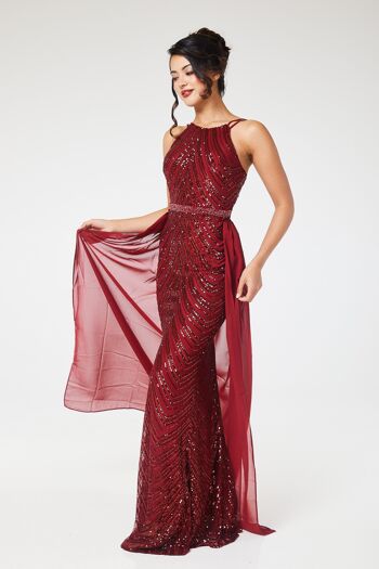 Robe longue bordeaux à sequins et dos nu avec jupe amovible 13