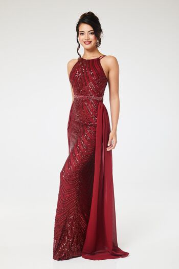 Robe longue bordeaux à sequins et dos nu avec jupe amovible 17