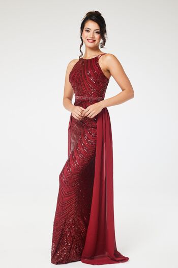 Robe longue bordeaux à sequins et dos nu avec jupe amovible 18