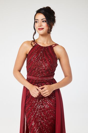 Robe longue bordeaux à sequins et dos nu avec jupe amovible 22