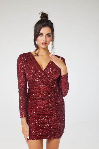 Mini robe à sequins froncés à manches longues vin 8