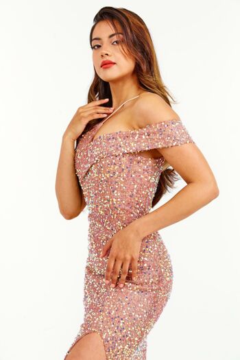 Robe longue rose doré à sequins et épaule dénudée 6