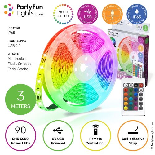 PartyFunLights - LED Strip - Multi-Color RGB - Works on USB - 3 Meter