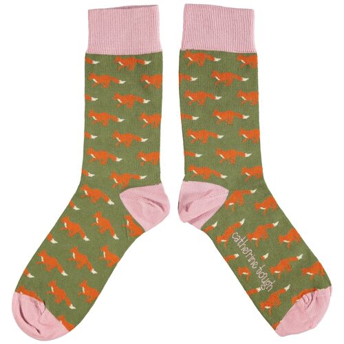 Women's Organic Cotton Crew Socks - FOXES - khaki green