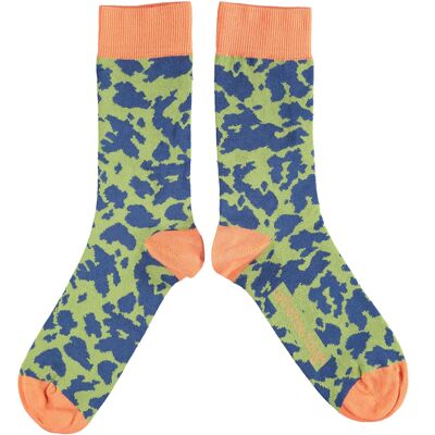 Crew-Socken aus Bio-Baumwolle für Damen – LEOPARD – grün und blau