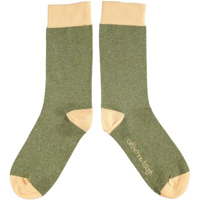Crew-Socken aus Bio-Baumwolle für Damen – GLITTER – Khakigrün und Pfirsich