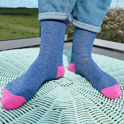 Chaussettes mi-mollet femme coton bio - GLITTER - bleu & rose