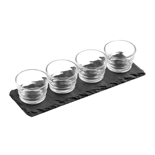 4 Ribbed Glass Bowls Slate Tray Set