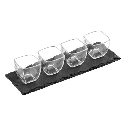 4 Square Glass Bowls Slate Tray Set