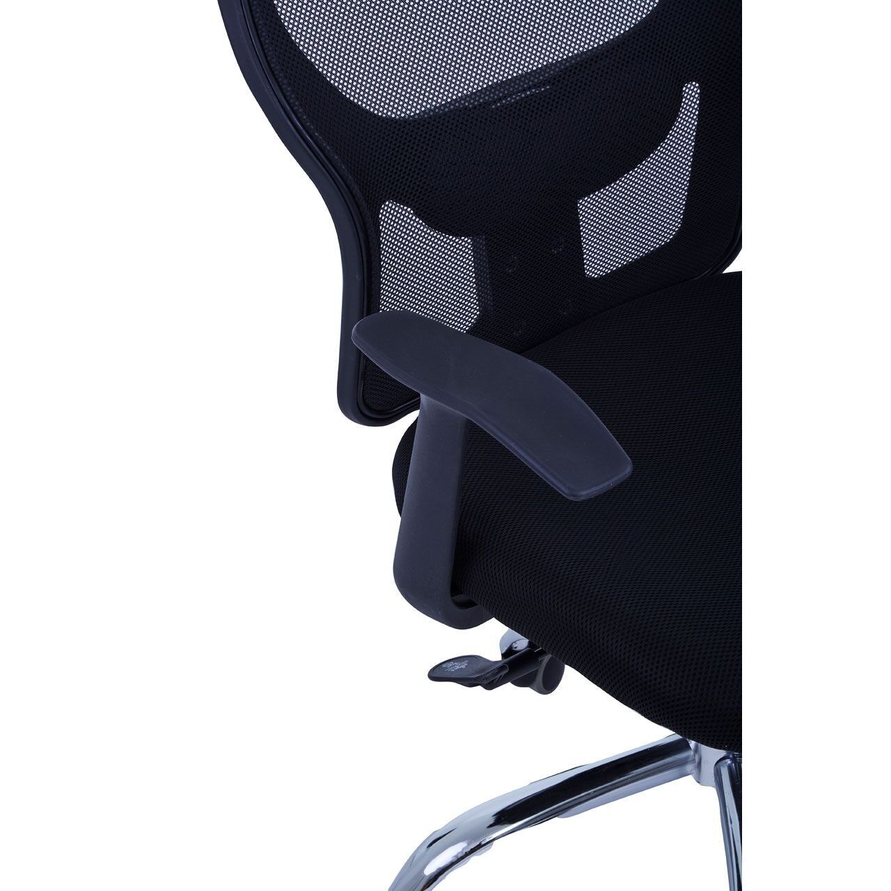 Sedia da ufficio nera con braccioli neri e base a 5 ruote