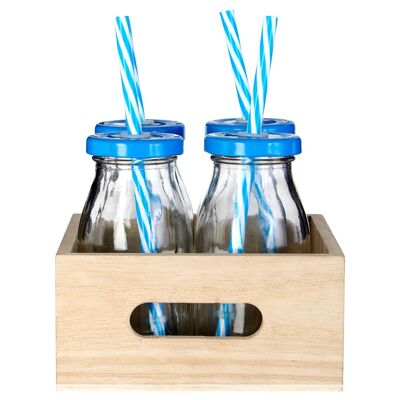 Blue Straws and Lids Glass Drinking Bottles