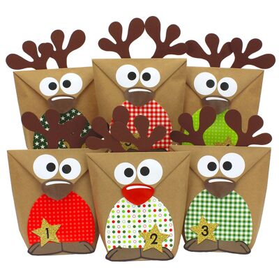 Calendario de adviento bricolaje cometa de papel para llenar - reno con panza roja para hacer tú mismo - 24 bolsas para diseño individual y para llenarte - Navidad para niños