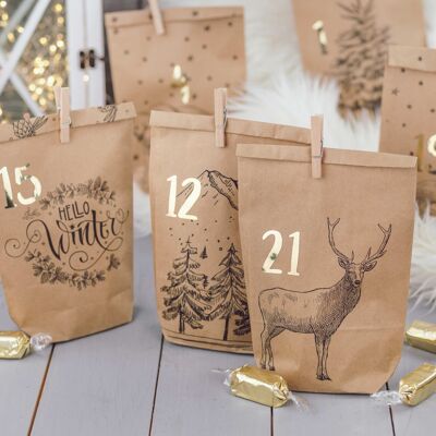 DIY Adventskalender zum Befüllen - 24 bedruckte Geschenktüten und 24 Zahlenaufkleber und Klammern - Motiv Cozy Winter schwarz - zum Basteln und Verschenken - Weihnachten