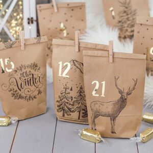 Calendrier de l'avent DIY à remplir - 24 sachets cadeaux imprimés et 24 autocollants et clips chiffres - motif Cosy Winter noir - pour bricolage et cadeaux - Noël