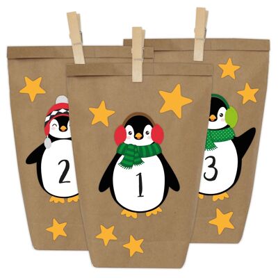 Aquilone di carta Calendario dell'avvento fai da te Set di carta kraft - pinguini da attaccare - con 24 sacchetti di carta marrone da riempire e da farsi - Natale