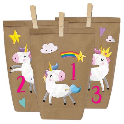 Paper kite DIY advent calendar Kraft paper set - unicorns to stick on - with 24 brown paper bags to fill yourself and to make yourself - Christmas