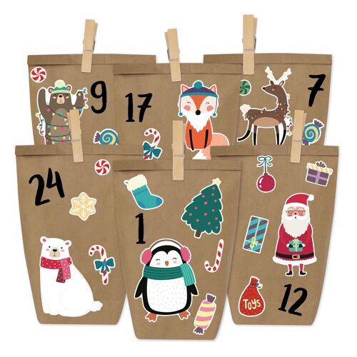 Papierdrachen DIY Adventskalender zum Befüllen - schwarze zum Aufkleben - mit 24 braunen Papiertüten und tollen Stickern für Kinder - Weihnachten