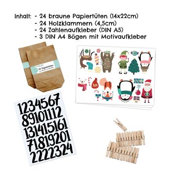 Calendrier de l'avent DIY cerf-volant en papier à remplir - noir à coller - avec 24 sacs en papier marron et de superbes autocollants pour les enfants - Noël 3