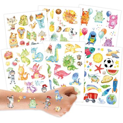 100 tattoos to stick on - children's tattoos with dinosaurs, monsters, dragons, forest animals and other child-friendly designs - as birthday favors or gift ideas