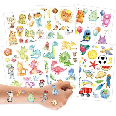 100 Tattoos zum Aufkleben - Kindertattoos mit Dinosauriern, Monstern, Drachen, Waldtieren und weiteren kindgerechten Designs - als Geburtstagsmitgebsel oder Geschenkidee