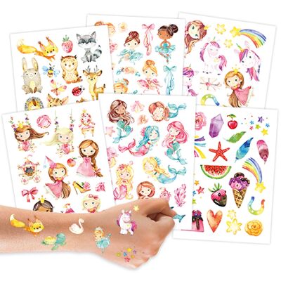 100 tatuajes para pegar: tatuajes para niños con animales del bosque, unicornios, sirenas, princesas y otros diseños para niños, como regalo de cumpleaños o idea de regalo.