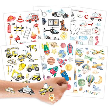 100 tatouages ​​​​à coller - métiers de tatouages ​​​​d'enfants respectueux de la peau - designs adaptés aux enfants - comme cadeau d'anniversaire ou idée cadeau - végétalien 1