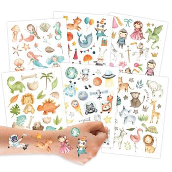 100 tatouages à coller - tatouages doux pour la peau pour les enfants Mélange coloré - motifs adaptés aux enfants - comme cadeau d'anniversaire ou idée cadeau - végétalien 1