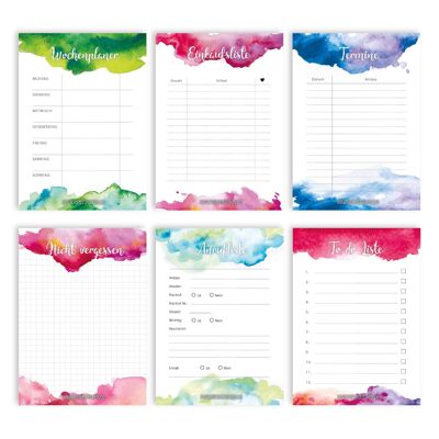 6 notepads for appointments, weekly planner, calls, to-do list, shopping lists and notes - daily planner and weekly planner watercolor - ideal for school, university and household - notepad set 1 - DIN A6