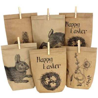 12 sachets imprimés pour Pâques avec lapins, fleurs et poussins - idée cadeau idéale ou décoration de Pâques - avec pinces en bois | Panier de Pâques pour l'artisanat et les cadeaux
