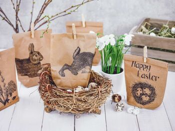 12 sachets imprimés pour Pâques avec lapins, fleurs et poussins - idée cadeau idéale ou décoration de Pâques - avec pinces en bois | Panier de Pâques pour l'artisanat et les cadeaux 3