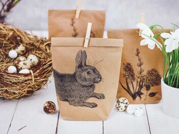 12 sachets imprimés pour Pâques avec lapins, fleurs et poussins - idée cadeau idéale ou décoration de Pâques - avec pinces en bois | Panier de Pâques pour l'artisanat et les cadeaux 4