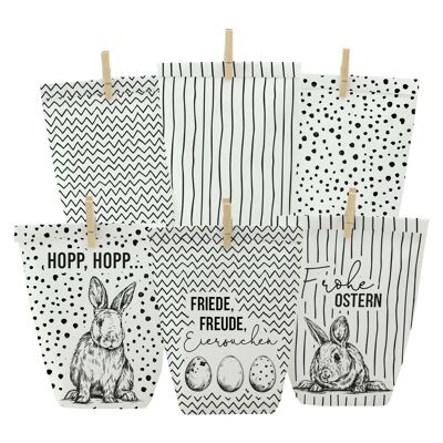 12 black printed gift bags for Easter - white bags - Happy Easter - ideal gift idea or Easter decoration - with wooden clips | Easter basket for handicrafts and giving away | Easter