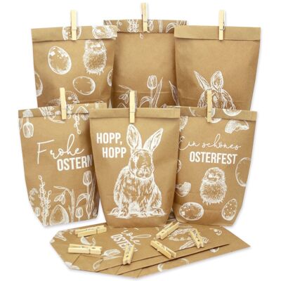 12 white printed gift bags for Easter - white printed with chicks, rabbits, flowers - ideal gift idea or Easter decoration - with wooden clips | Easter basket for handicrafts and giving away | Easter