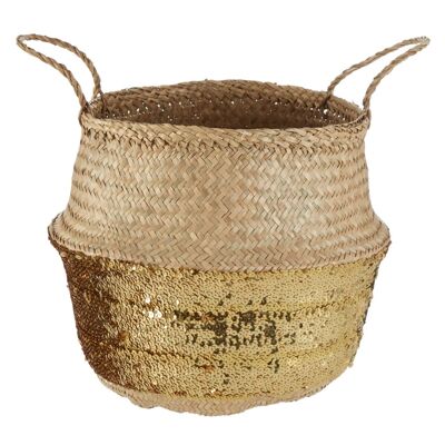 Cesta pequeña de hierba marina con lentejuelas doradas