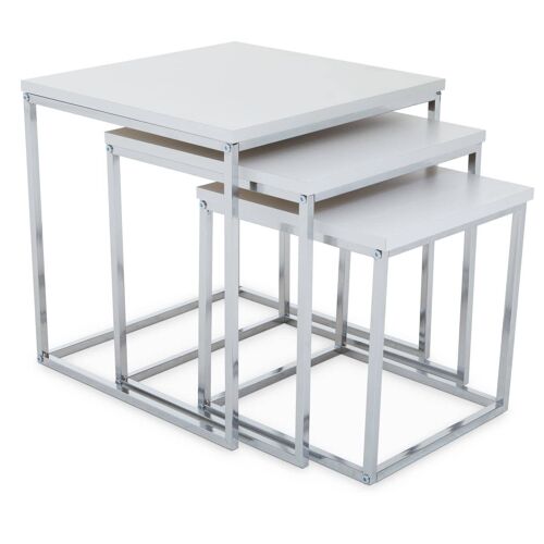 Matte White Nest of 3 Tables with Chrome Frame