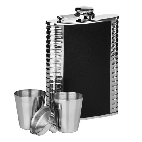 Ribbed Stainless Steel Hip Flask Set