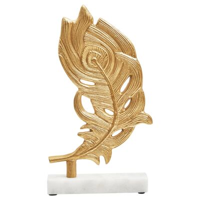 Evra Gold Peacock Feather Sculpture on White Marble Base