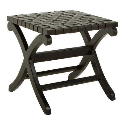 Kendari Black Leather Wood Stool