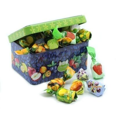 Metallbox gefüllt mit Obstgarten-Fruchtsüßigkeiten – Set mit 6 Boxen