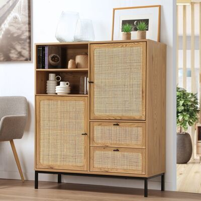 High Sideboard with Natural Rattan Fronts - L100 x H120 cm