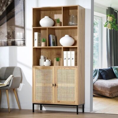 Bookcase with storage 2 doors in natural rattan - H175cm