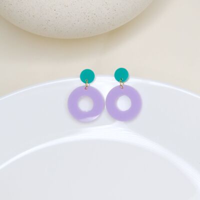 Colorblock circle ear studs in dark turquoise & lilac