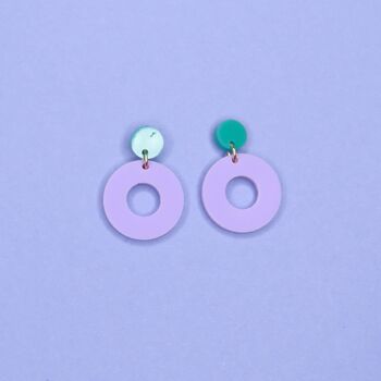 Clous d'oreilles cercle colorblock en turquoise foncé et lilas 5