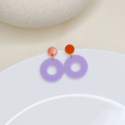 Colorblock circle stud earrings in orange & lilac