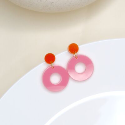 Boucles d'oreilles à clous cercle colorblock en orange et rose