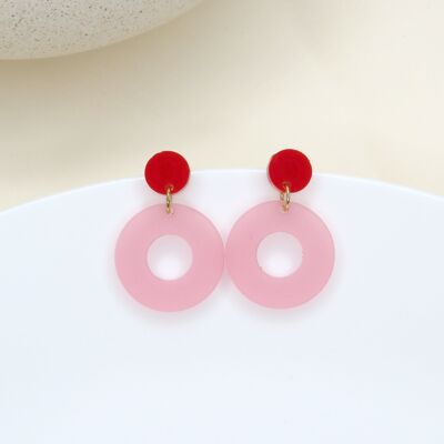 Colorblock circle stud earrings in red & pink