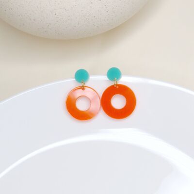 Colorblock circle ear studs in turquoise & neon orange