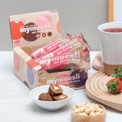 mymuesli nut butter balls, cashew strawberry, box of 7, organic