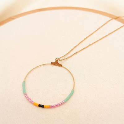 Long fine golden chain necklace with pink beaded circle
